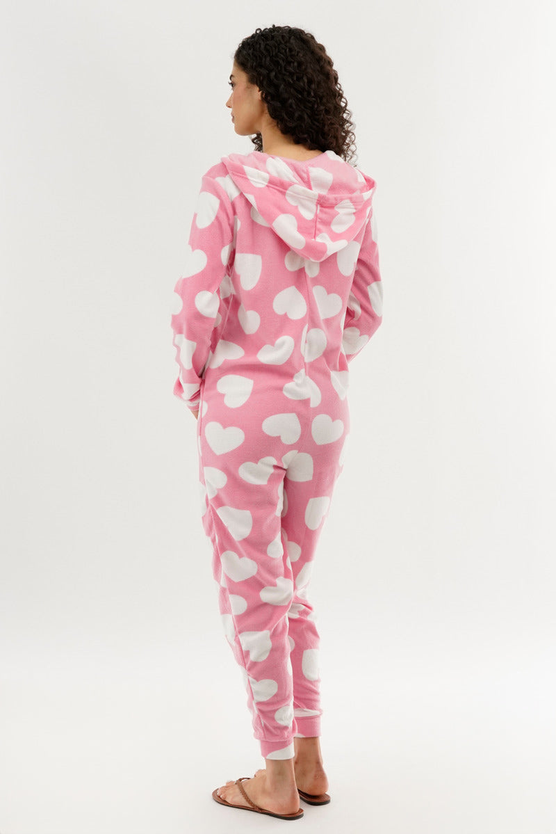 Canada Weather Gear Heart Pattern Fleece Onesie - Pink - Womens Onesies - Canada Weather Gear