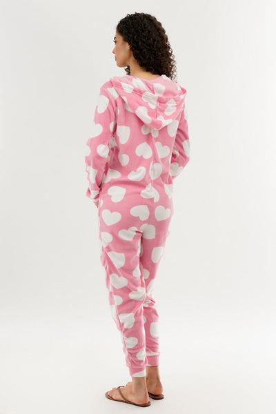 Canada Weather Gear Heart Pattern Fleece Onesie - Pink - Womens Onesies - Canada Weather Gear