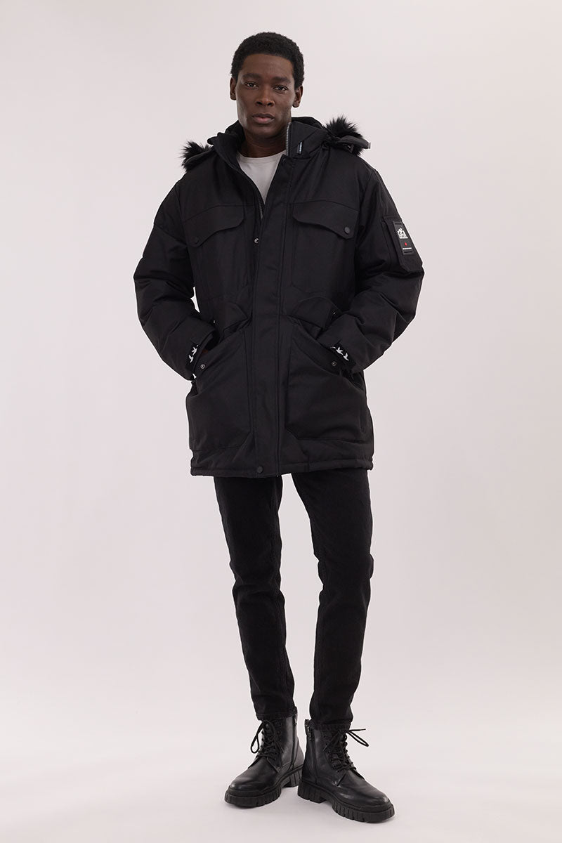 Super Triple Goose Faux Fur Lined Parka Jacket - Black