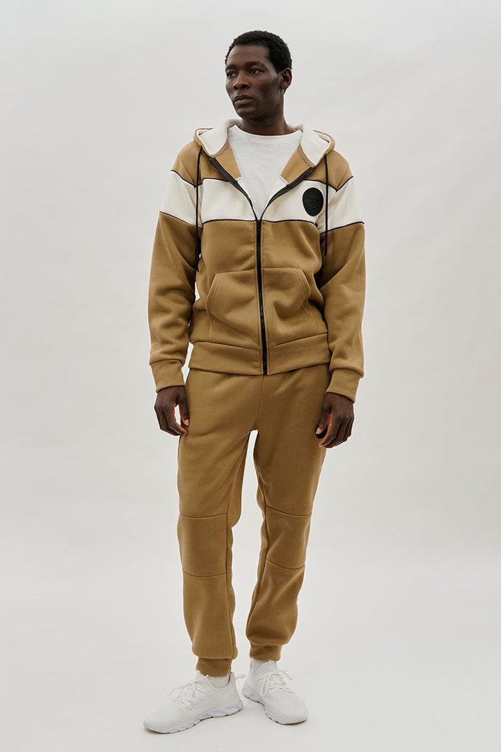 Colour Block Zip Up Hoodie - Beige
