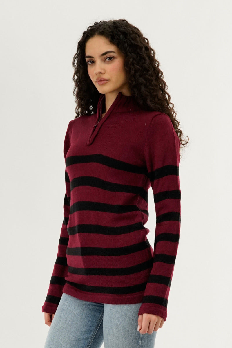 Canada Weather Gear Striped Half Zip Pullover Sweater - Burgundy - Womens Pullover Sweaters - Canada Weather Gear