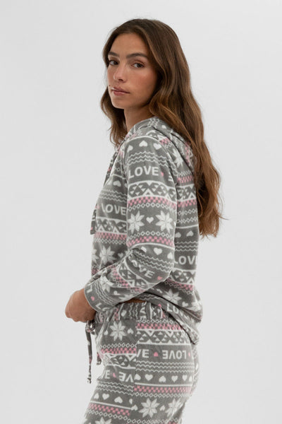 Canada Weather Gear Festive Print Hooded Pajama Top - Grey - Womens Pajamas - Canada Weather Gear