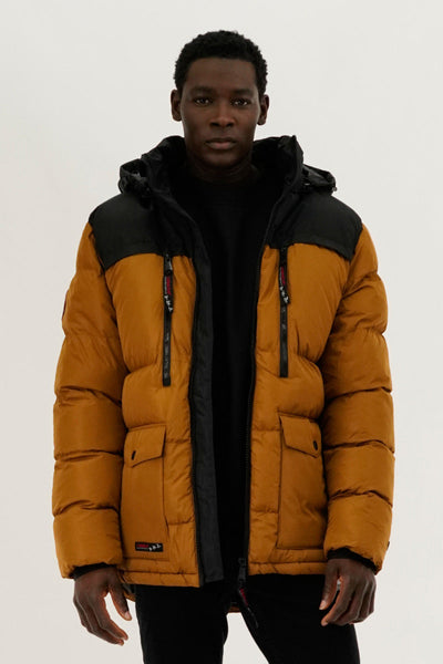 Canada Weather Gear Colour Block Puffer Bomber Jacket - Caramel - Mens Bomber Jackets - Canada Weather Gear