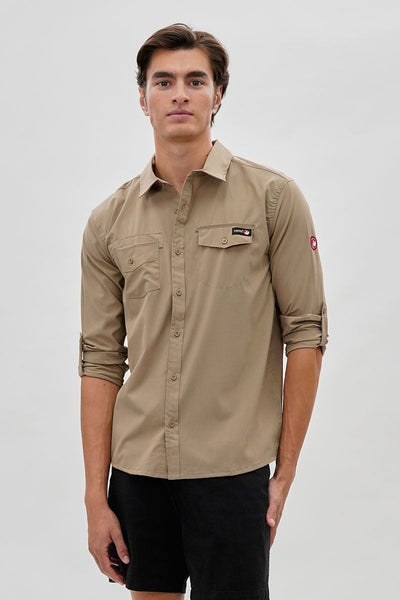 Canada Weather Gear Adventure Bound Utility Roll Up Sleeve Casual Shirt - Beige - Mens Casual Shirts - Canada Weather Gear