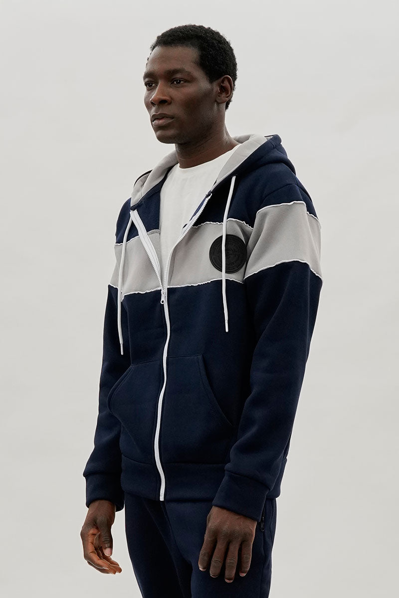 Colour Block Zip Up Hoodie - Navy