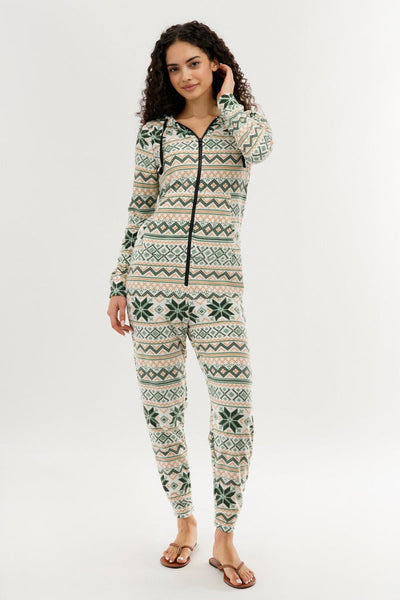 Canada Weather Gear Festive Print Fleece Onesie - White - Womens Onesies - Canada Weather Gear
