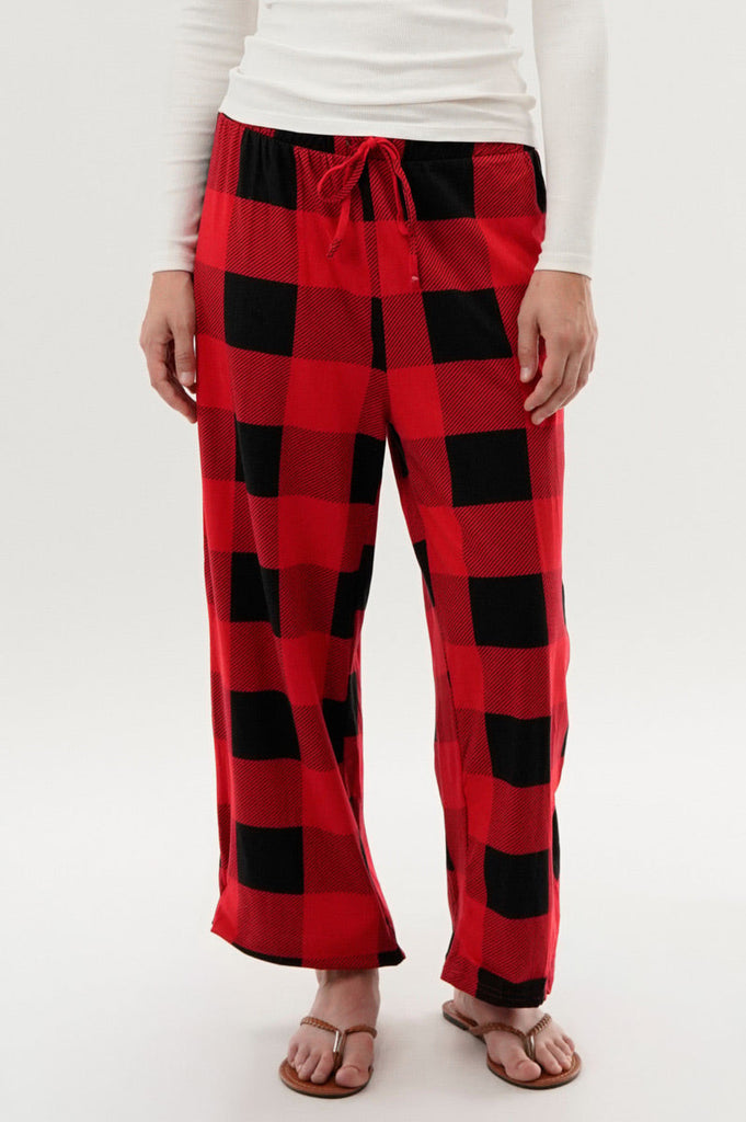 Plaid Wide Leg Pajama Pants - Red