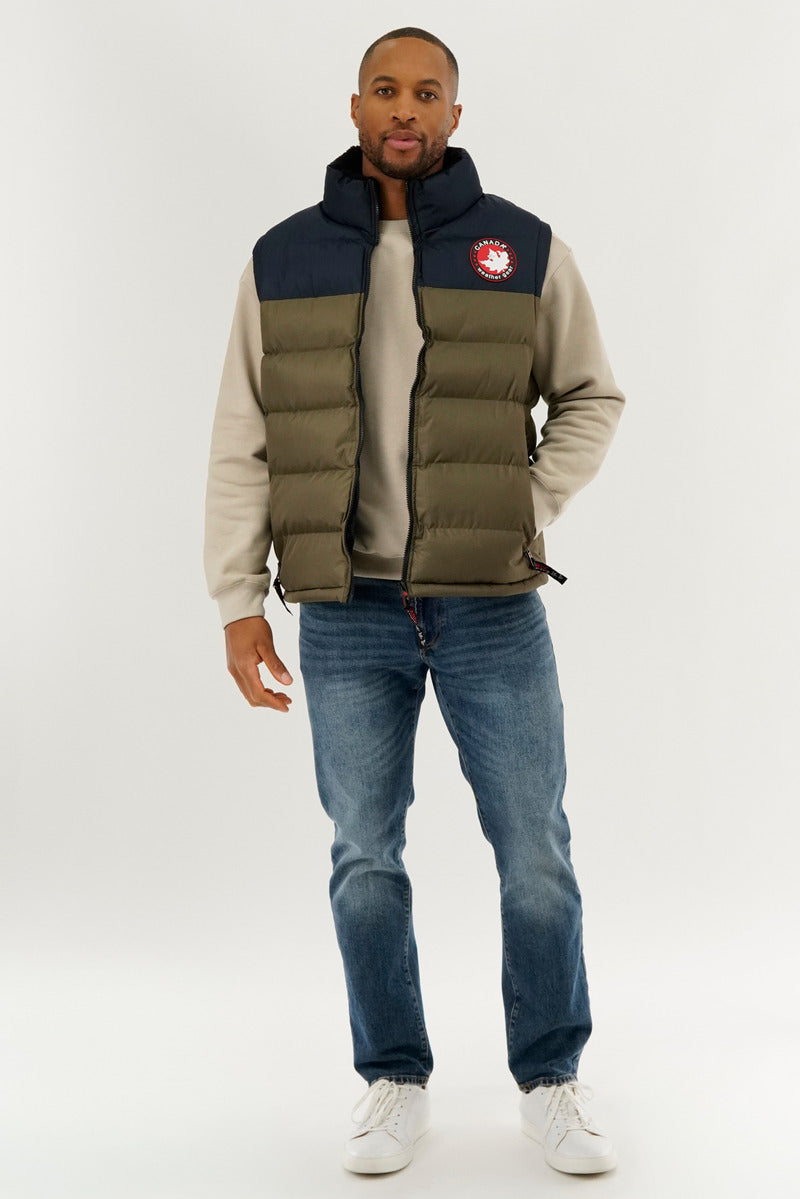 Canada Weather Gear Colour Block Puffer Vest - Olive - Mens Vests - Canada Weather Gear