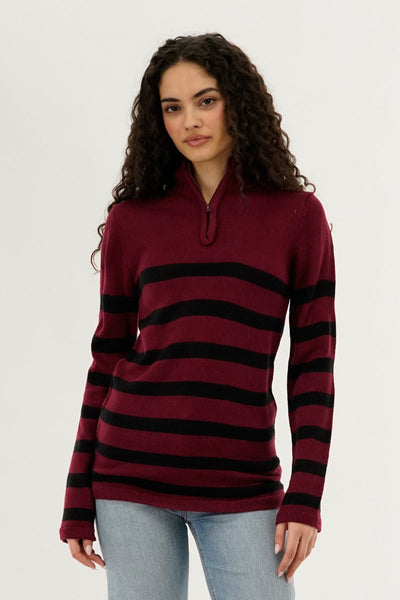 Canada Weather Gear Striped Half Zip Pullover Sweater - Burgundy - Womens Pullover Sweaters - Canada Weather Gear