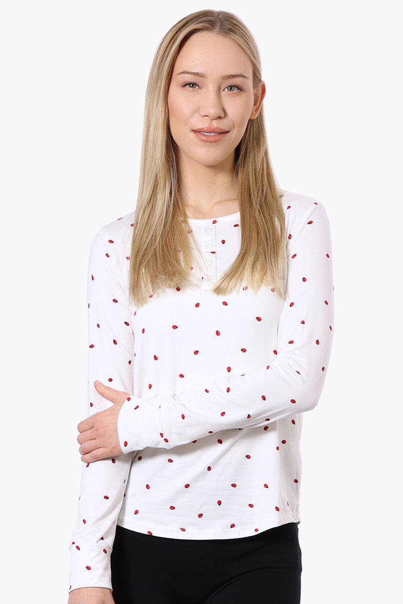 Canada Weather Gear Ladybug Pattern Henley Pajama Top - White - Womens Pajamas - Canada Weather Gear