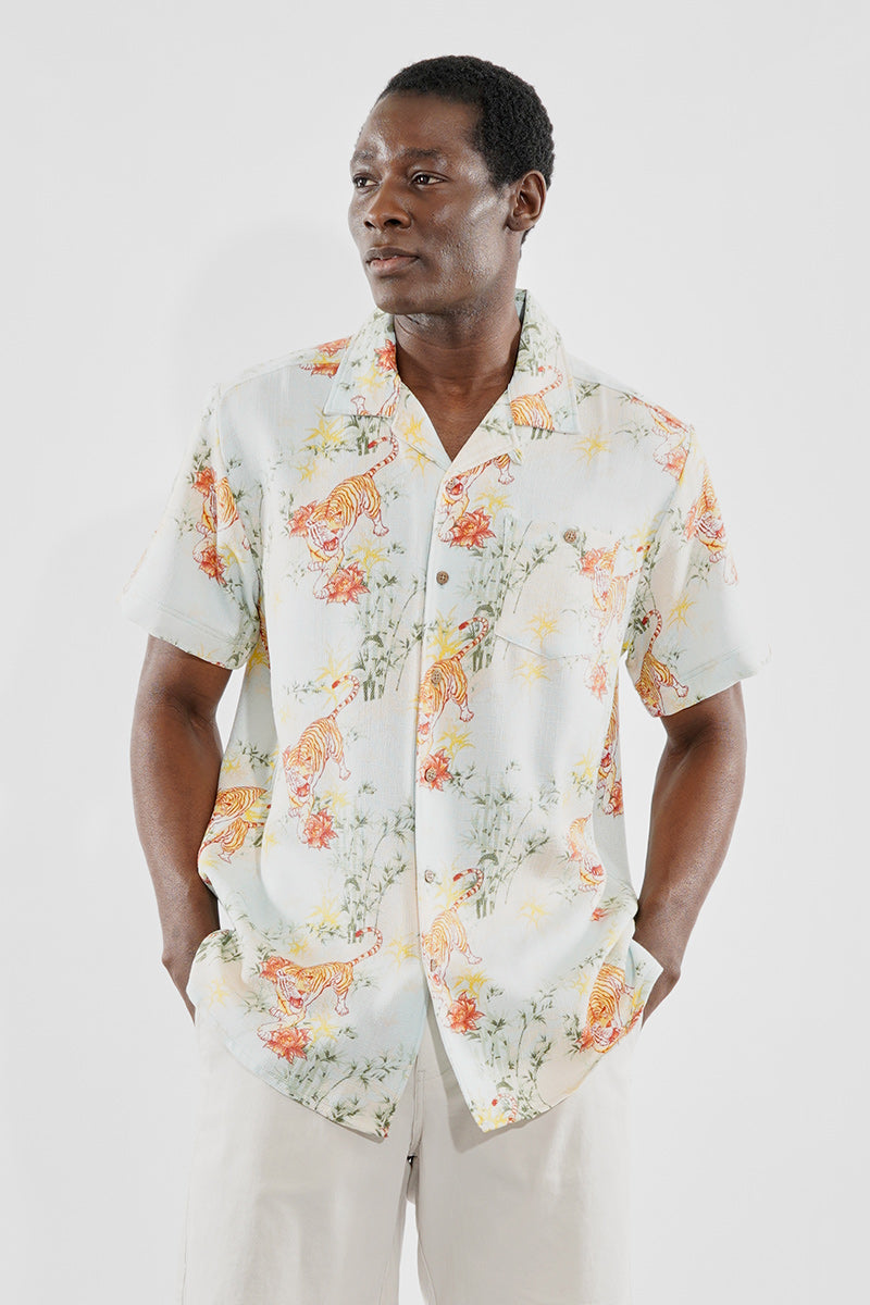 Super Triple Goose Vintage Floral Tiger Pattern Button Up Casual Shirt - Mint - Mens Casual Shirts - Canada Weather Gear