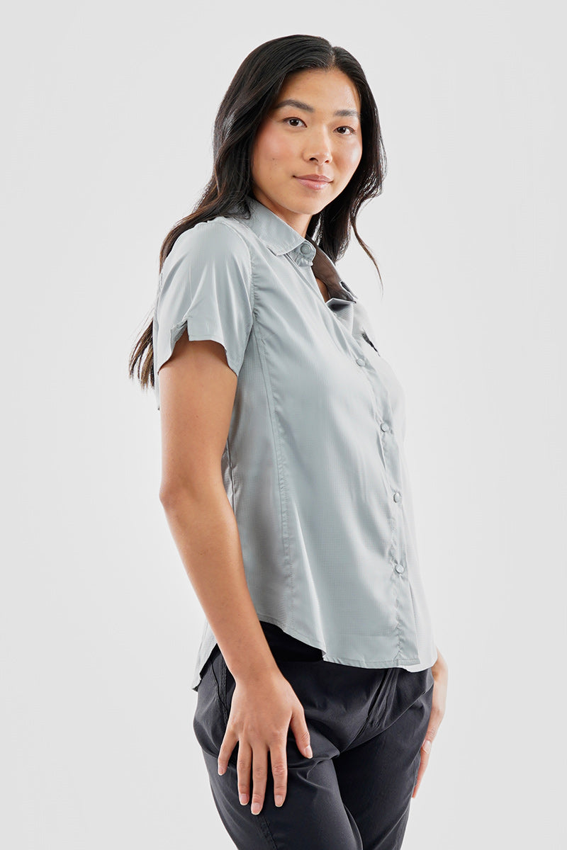 Canada Weather Gear Solid Short Sleeve Button Up Shirt - Grey - Womens Shirts & Blouses - Canada Weather Gear
