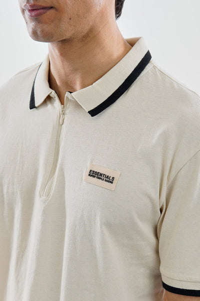Essentials Super Triple Goose 1/4 Zip Stripe Polo Shirt - Cream - Mens Polo Shirts - Canada Weather Gear