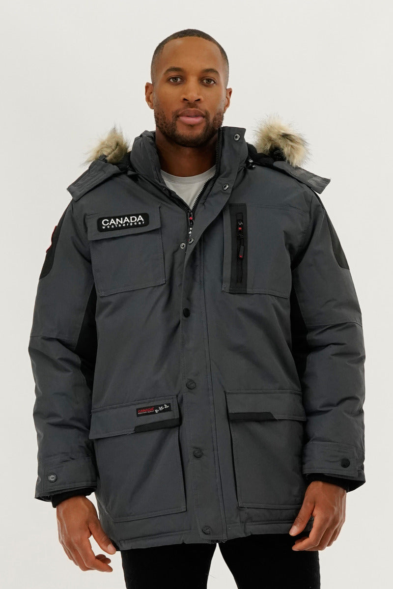 Canada Weather Gear Faux Fur Lined Arctic Parka Jacket - Grey - Mens Parka Jackets - Canada Weather Gear