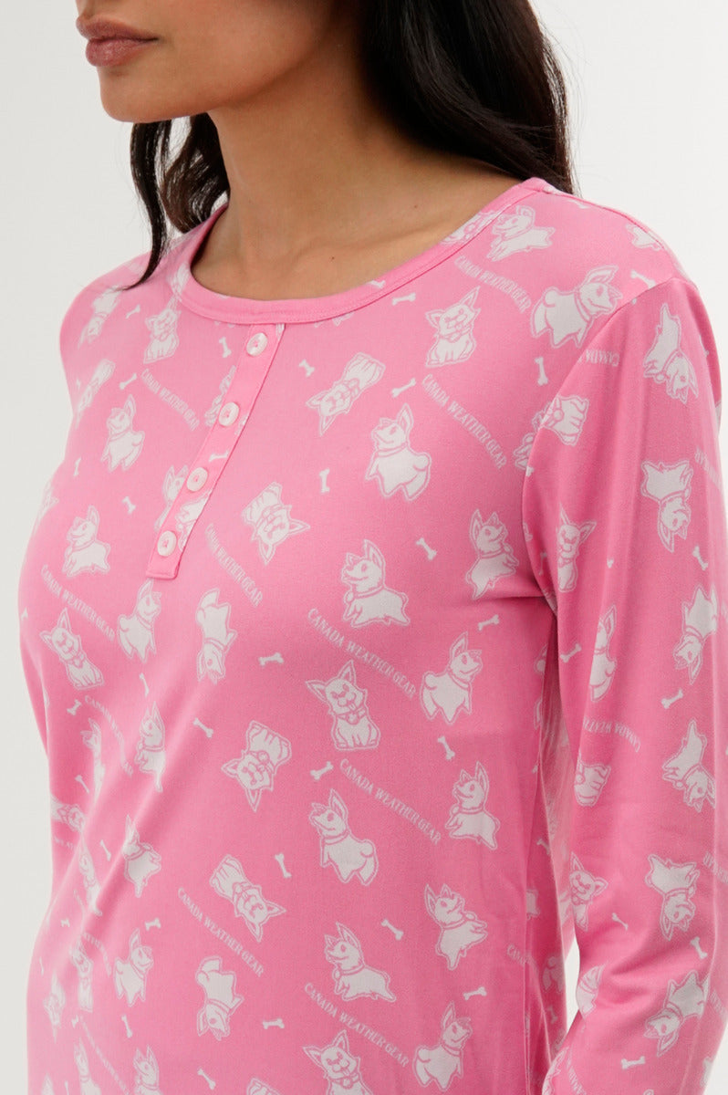 Canada Weather Gear Dog Print Henley Pajama Top - Pink - Womens Pajamas - Canada Weather Gear