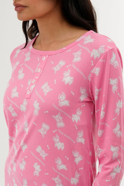 Canada Weather Gear Dog Print Henley Pajama Top - Pink - Womens Pajamas - Canada Weather Gear