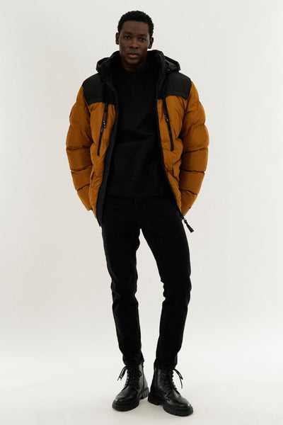 Canada Weather Gear Colour Block Puffer Bomber Jacket - Caramel - Mens Bomber Jackets - Canada Weather Gear