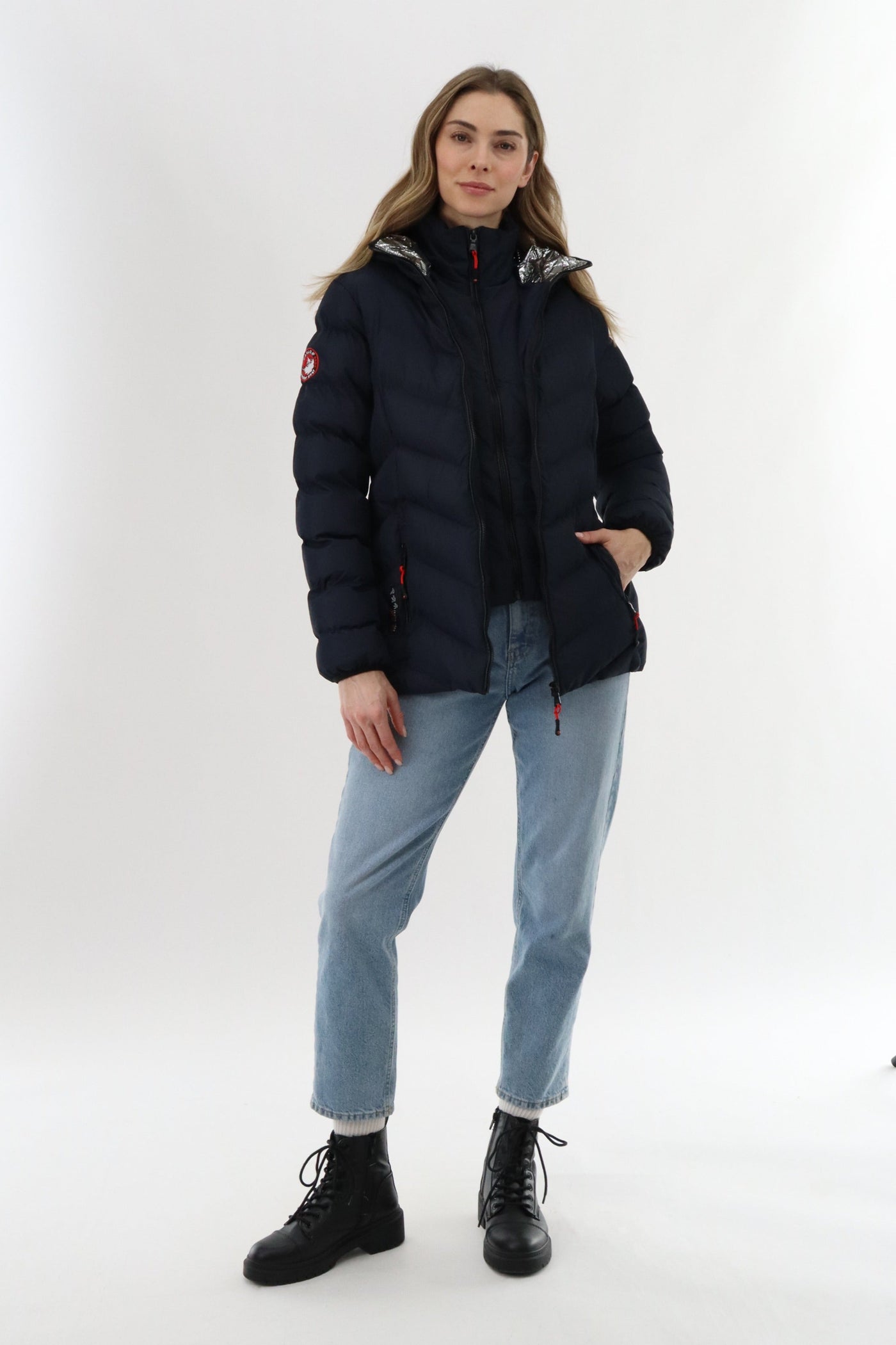 Canada Weather Gear Quilted Puffer Double Zip Bomber Jacket - Navy - Womens Bomber Jackets - Canada Weather Gear