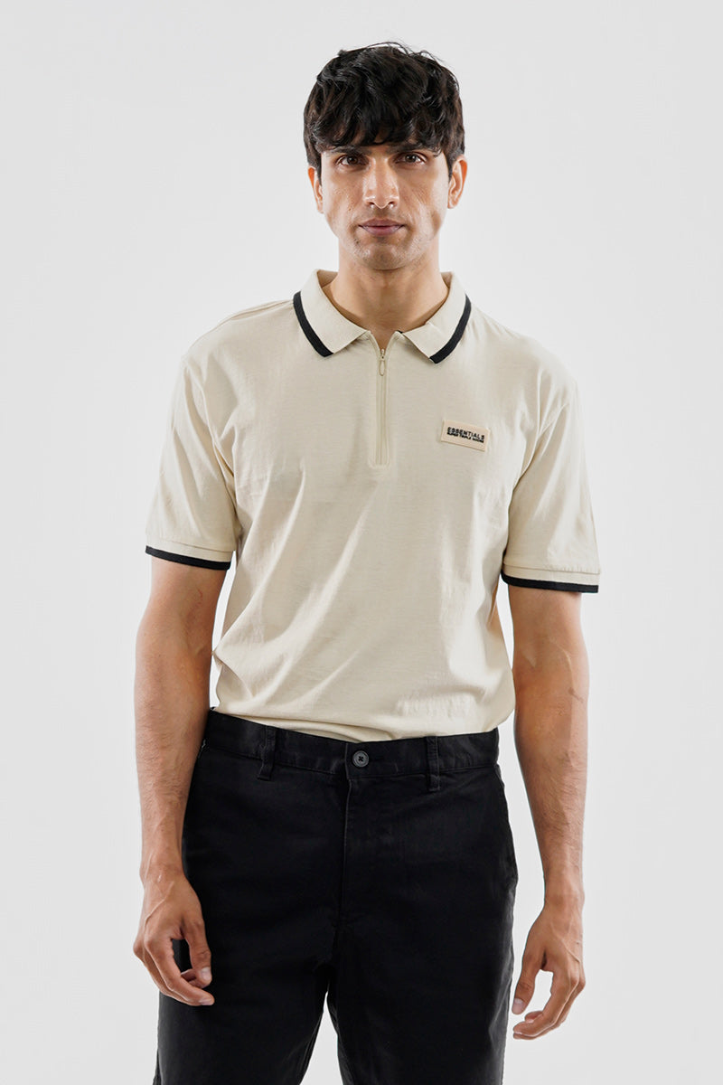Essentials Super Triple Goose 1/4 Zip Stripe Polo Shirt - Cream - Mens Polo Shirts - Canada Weather Gear