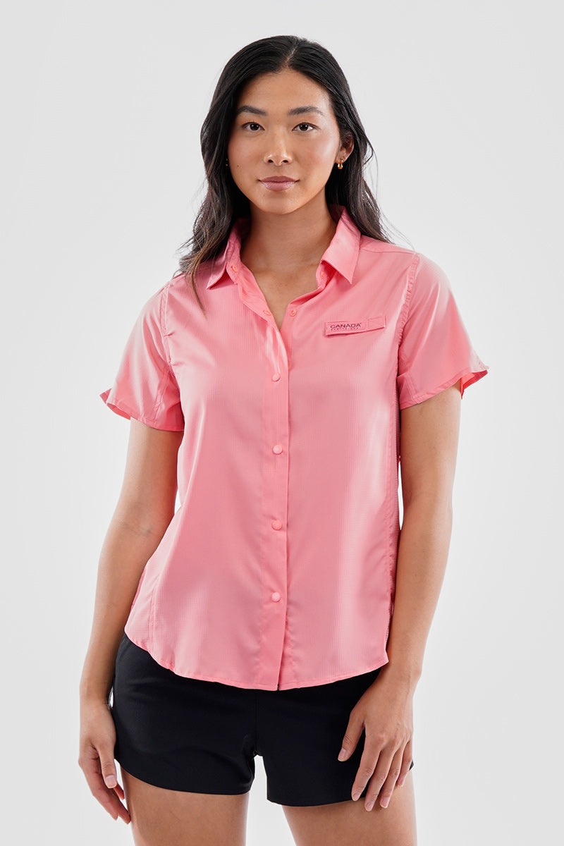 Canada Weather Gear Solid Short Sleeve Button Up Shirt - Pink - Womens Shirts & Blouses - Canada Weather Gear