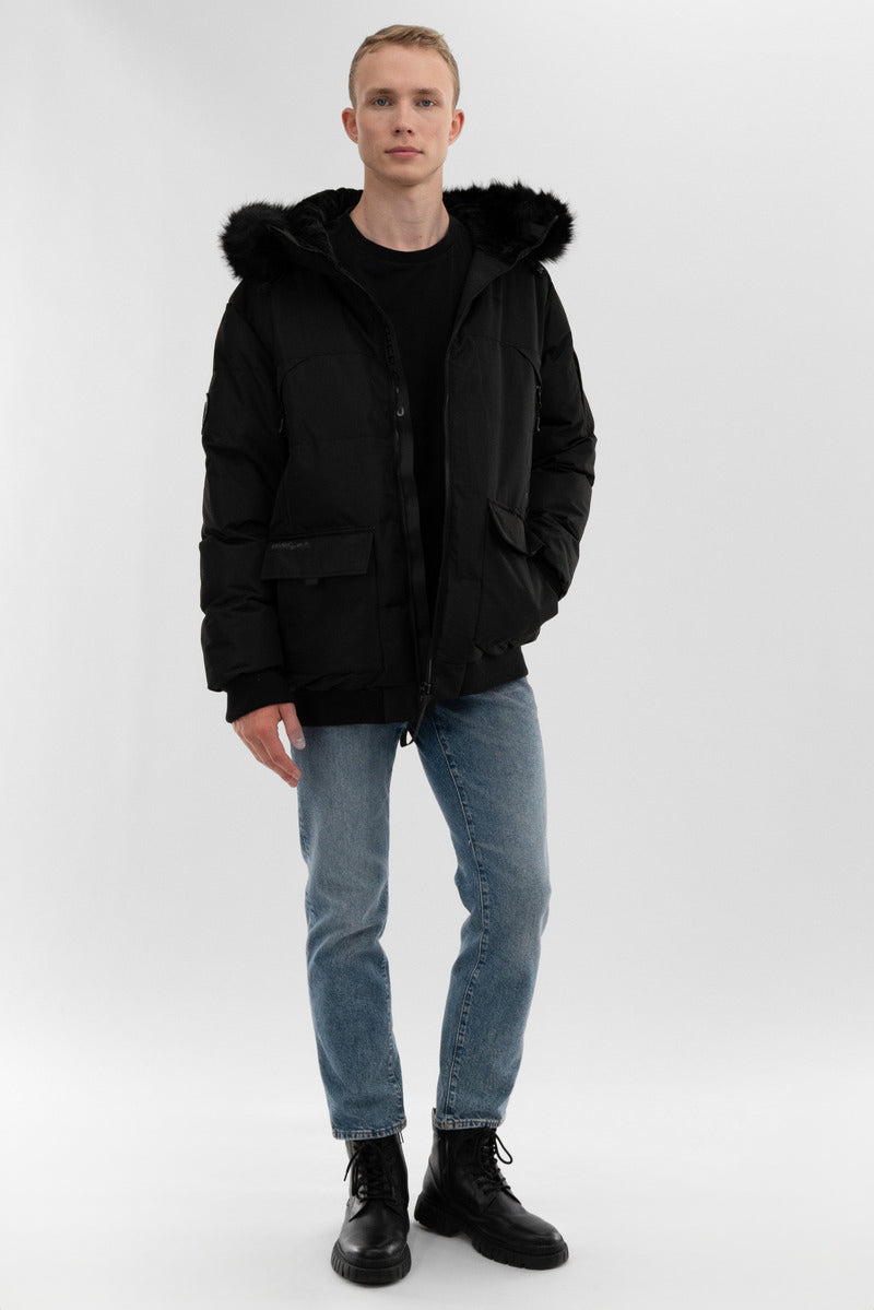 Faux Fur Trim Bomber Jacket - Black