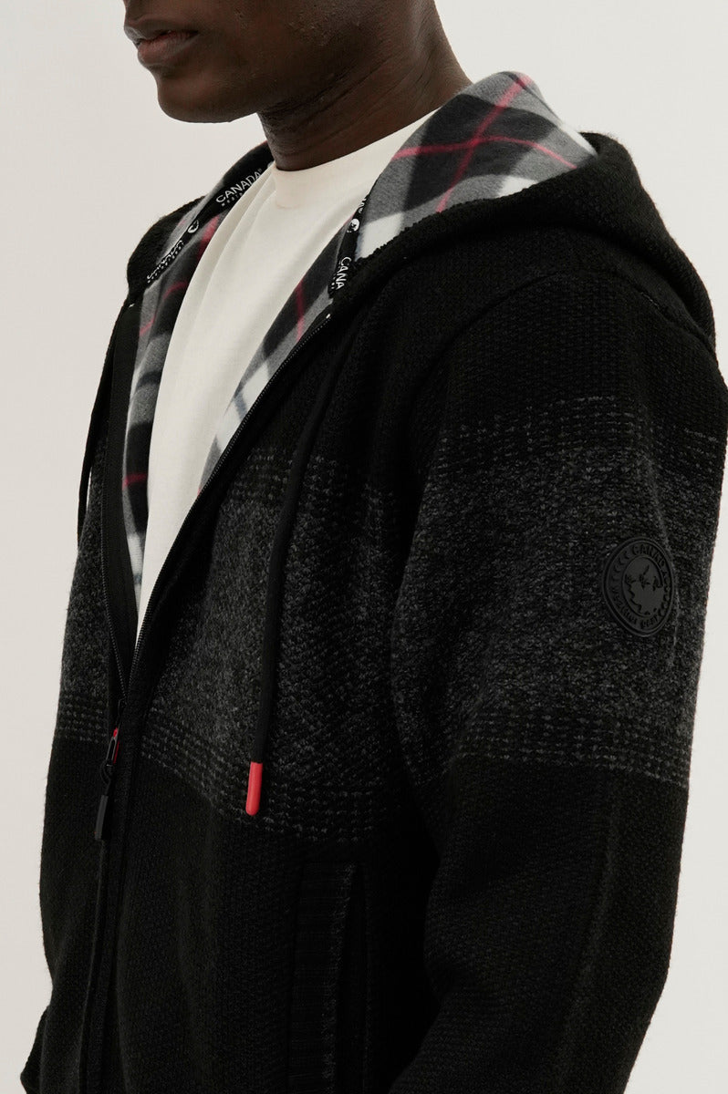 Plaid Lined Striped Zip Up Hoodie - Black