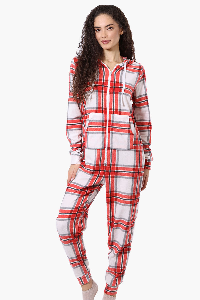 Canada Weather Gear Hooded Plaid Fleece Onesie - White - Womens Onesies - Canada Weather Gear