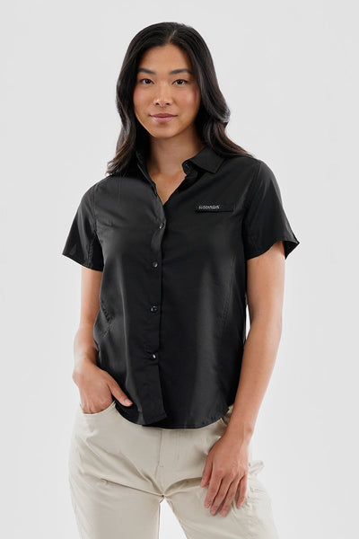 Canada Weather Gear Solid Short Sleeve Button Up Shirt - Black - Womens Shirts & Blouses - Canada Weather Gear