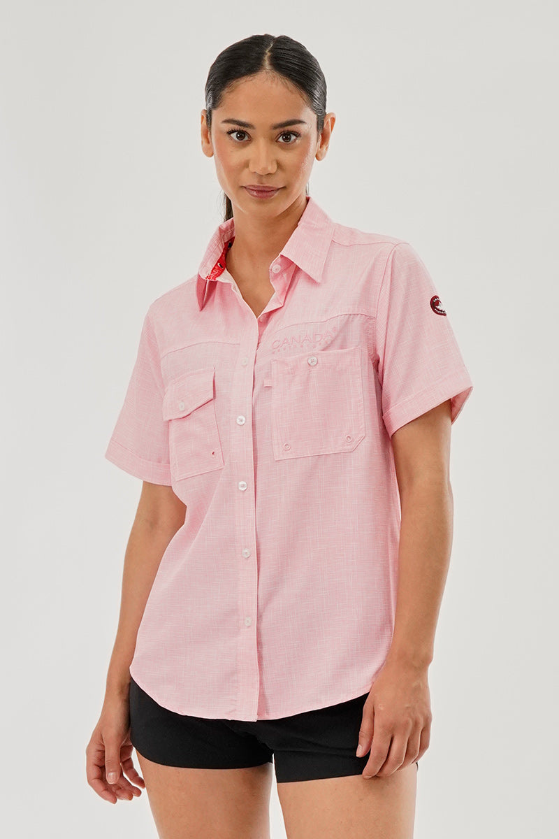 Canada Weather Gear Short Sleeve Button Up Utility Shirt - Pink - Womens Shirts & Blouses - Canada Weather Gear