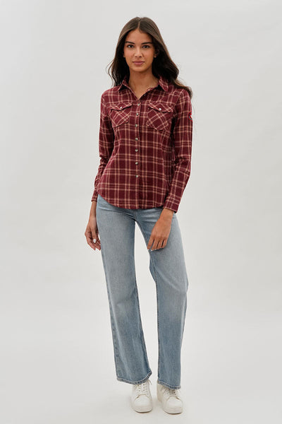 Canada Weather Gear Plaid Button Up Shirt - Burgundy - Womens Shirts & Blouses - Canada Weather Gear