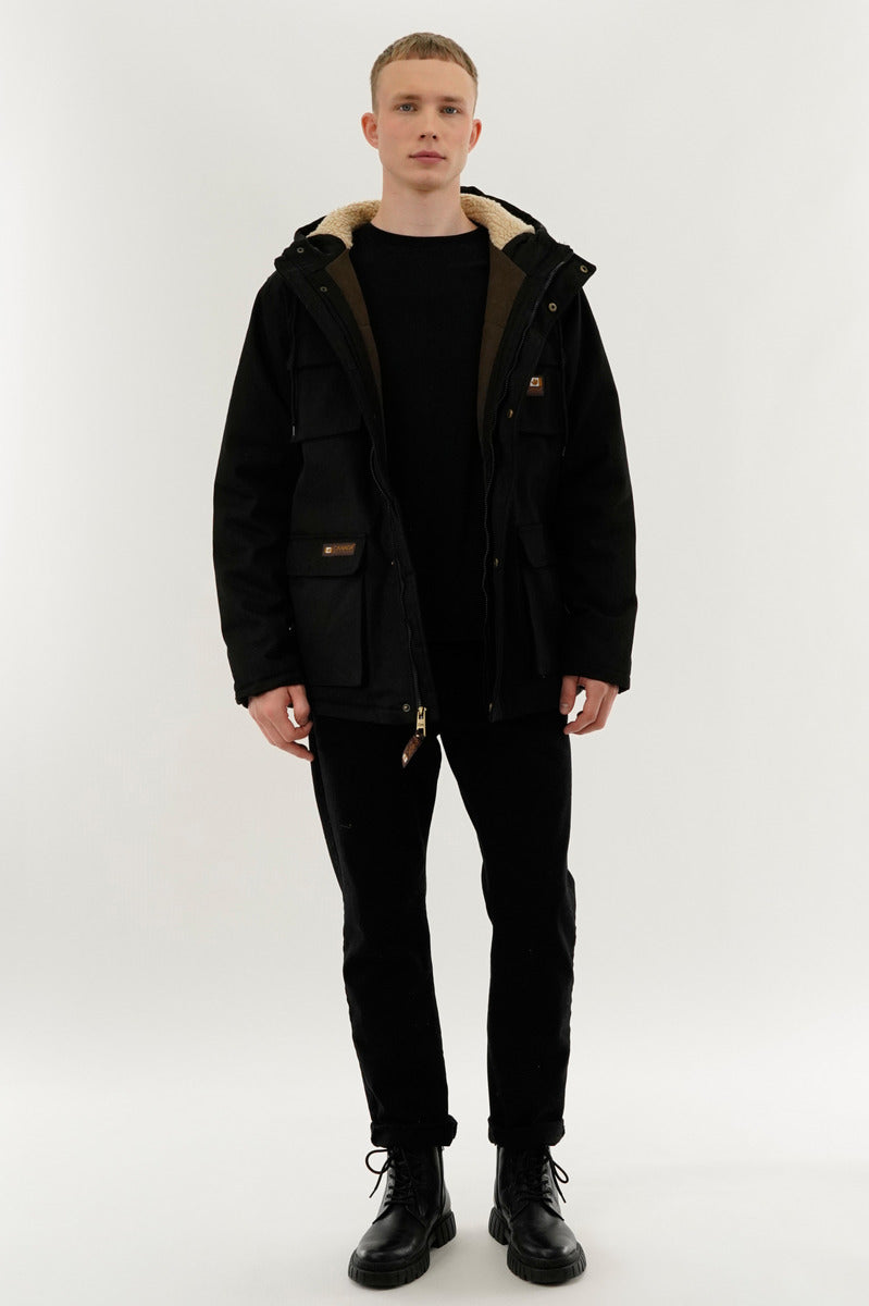 Canvas Sherpa Lined Parka Jacket - Black