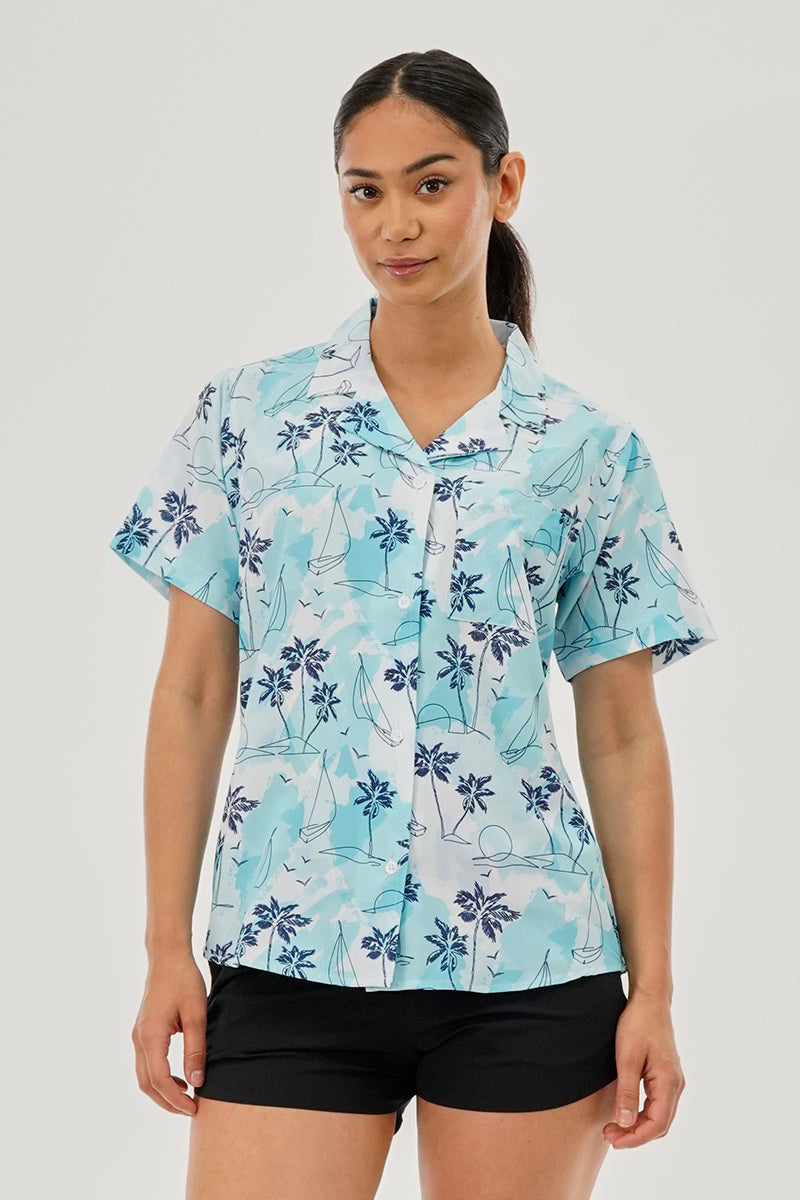 Canada Weather Gear Printed Short Sleeve Button Up Shirt - Aqua - Womens Shirts & Blouses - Canada Weather Gear