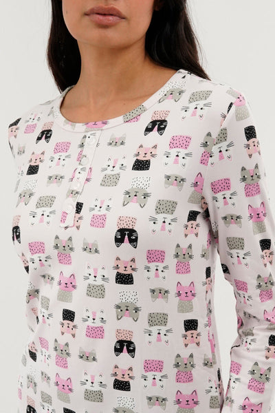 Canada Weather Gear Cat Print Henley Pajama Top - Blush - Womens Pajamas - Canada Weather Gear