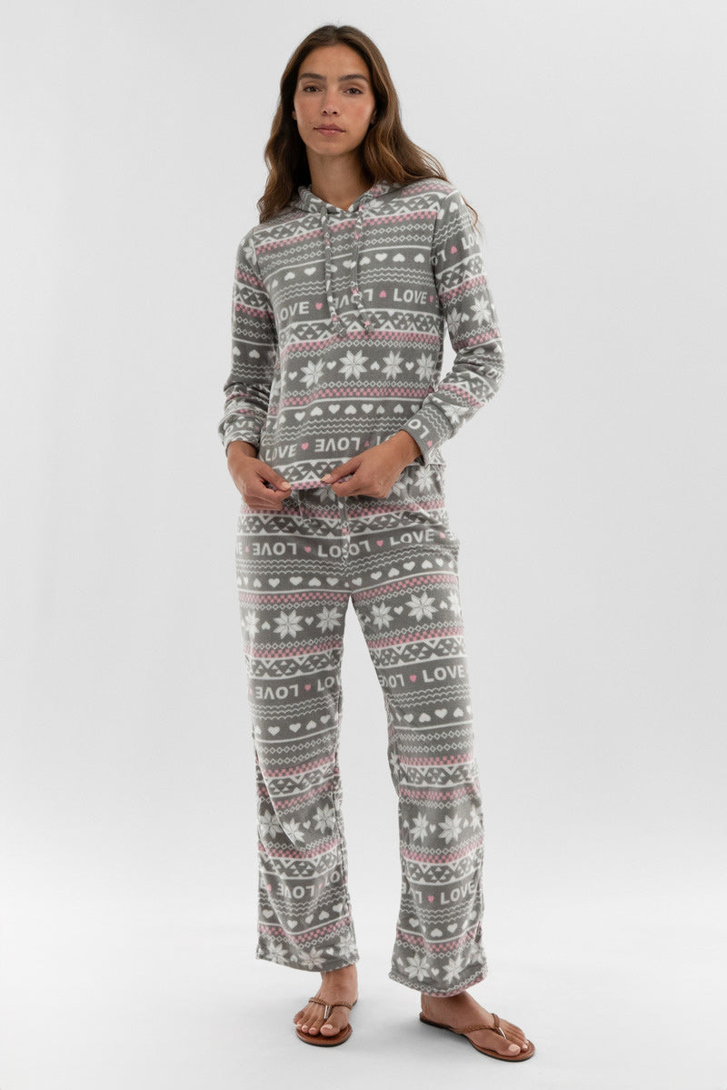 Canada Weather Gear Festive Print Hooded Pajama Top - Grey - Womens Pajamas - Canada Weather Gear