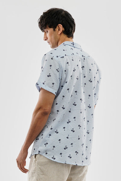 Canada Weather Gear Vintage Striped Palm Tree Pattern Button Up Casual Shirt - Blue - Mens Casual Shirts - Canada Weather Gear