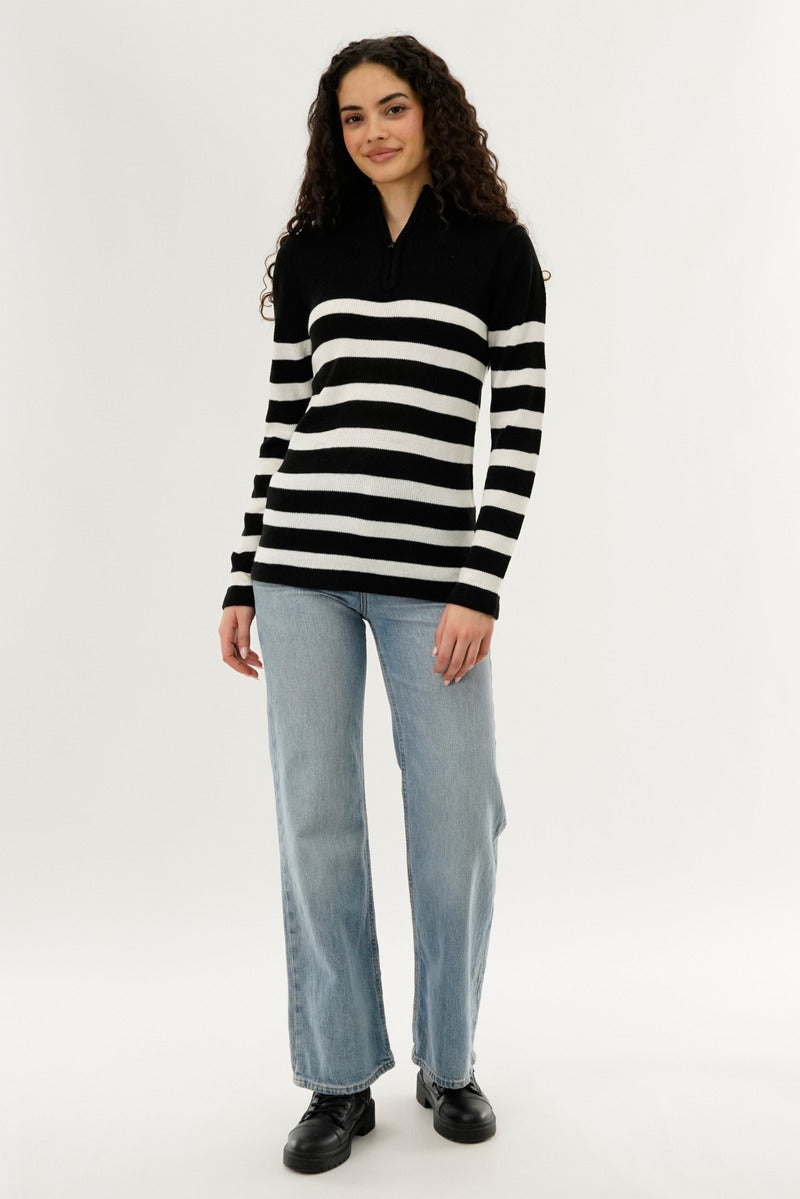 Canada Weather Gear Striped Half Zip Pullover Sweater - Black - Womens Pullover Sweaters - Canada Weather Gear