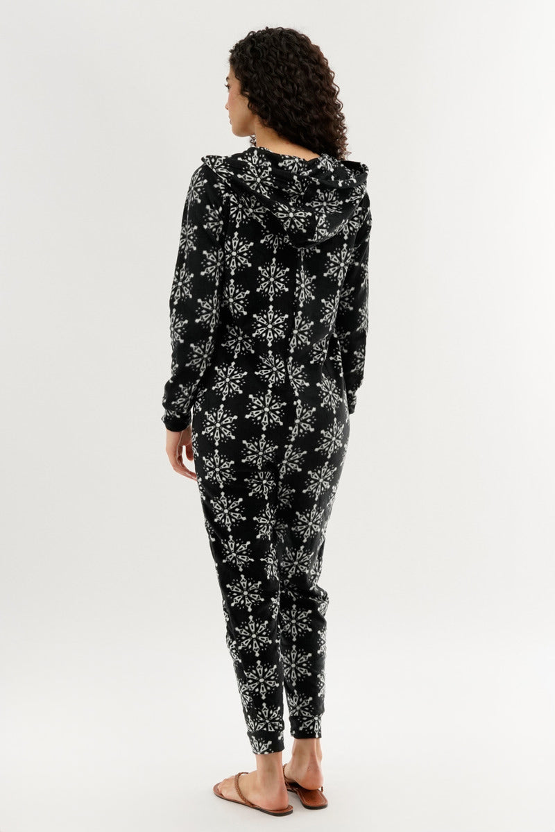 Canada Weather Gear Festive Print Fleece Onesie - Black - Womens Onesies - Canada Weather Gear
