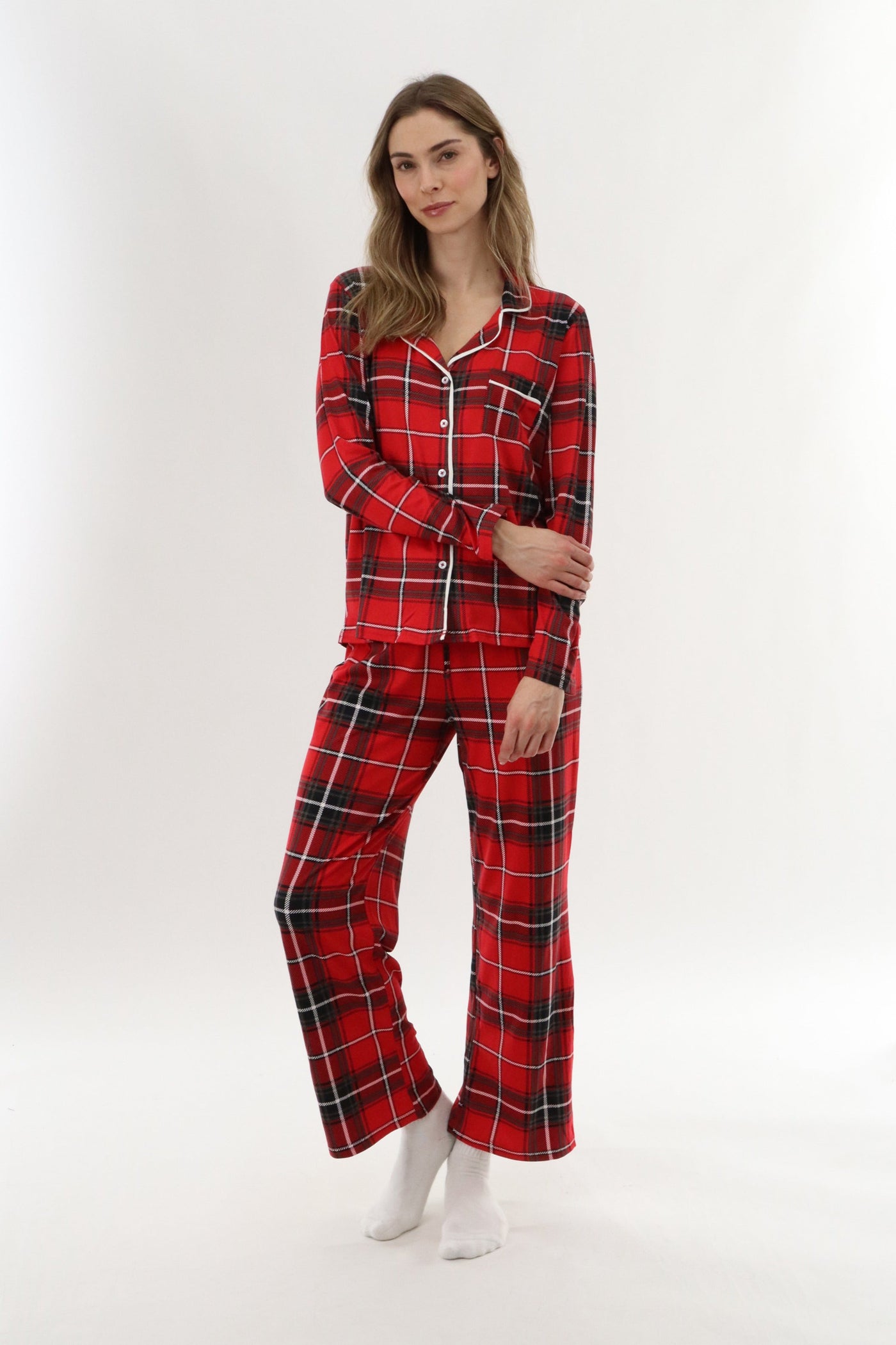 Canada Weather Gear Long Sleeve Button Up Pajama Top - Red - Womens Pajamas - Canada Weather Gear