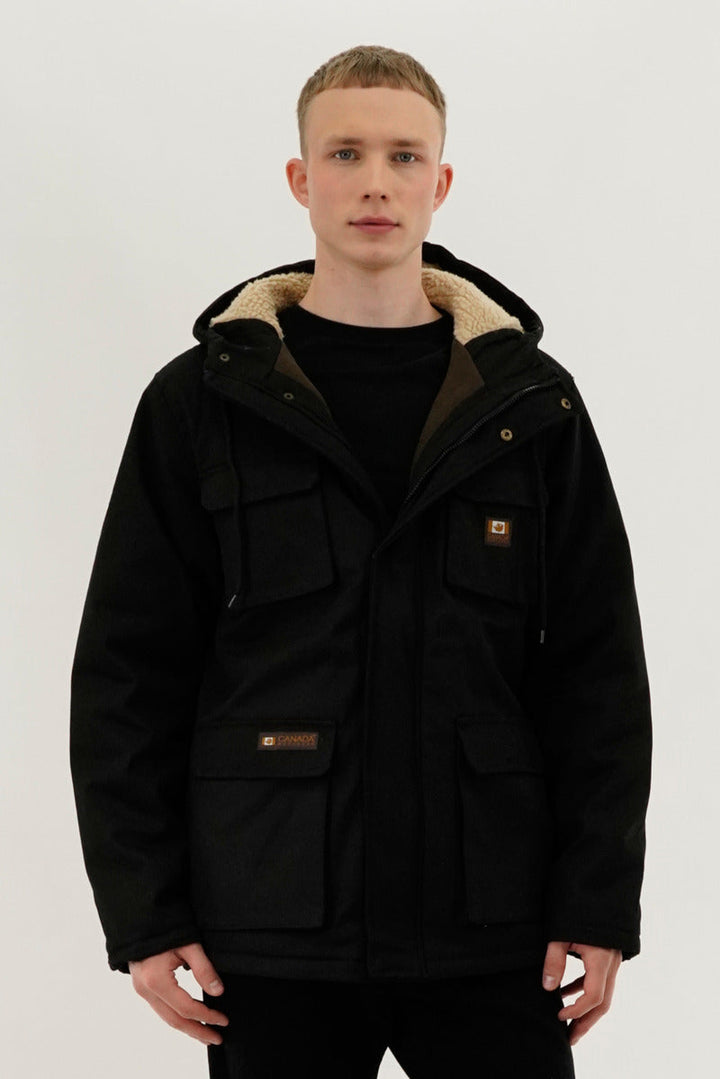 Canvas Sherpa Lined Parka Jacket - Black