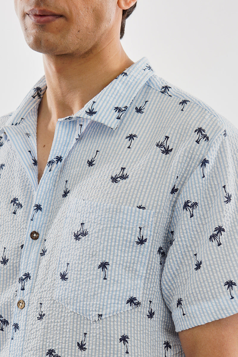 Canada Weather Gear Vintage Striped Palm Tree Pattern Button Up Casual Shirt - Blue - Mens Casual Shirts - Canada Weather Gear