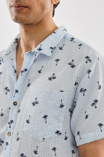 Canada Weather Gear Vintage Striped Palm Tree Pattern Button Up Casual Shirt - Blue - Mens Casual Shirts - Canada Weather Gear