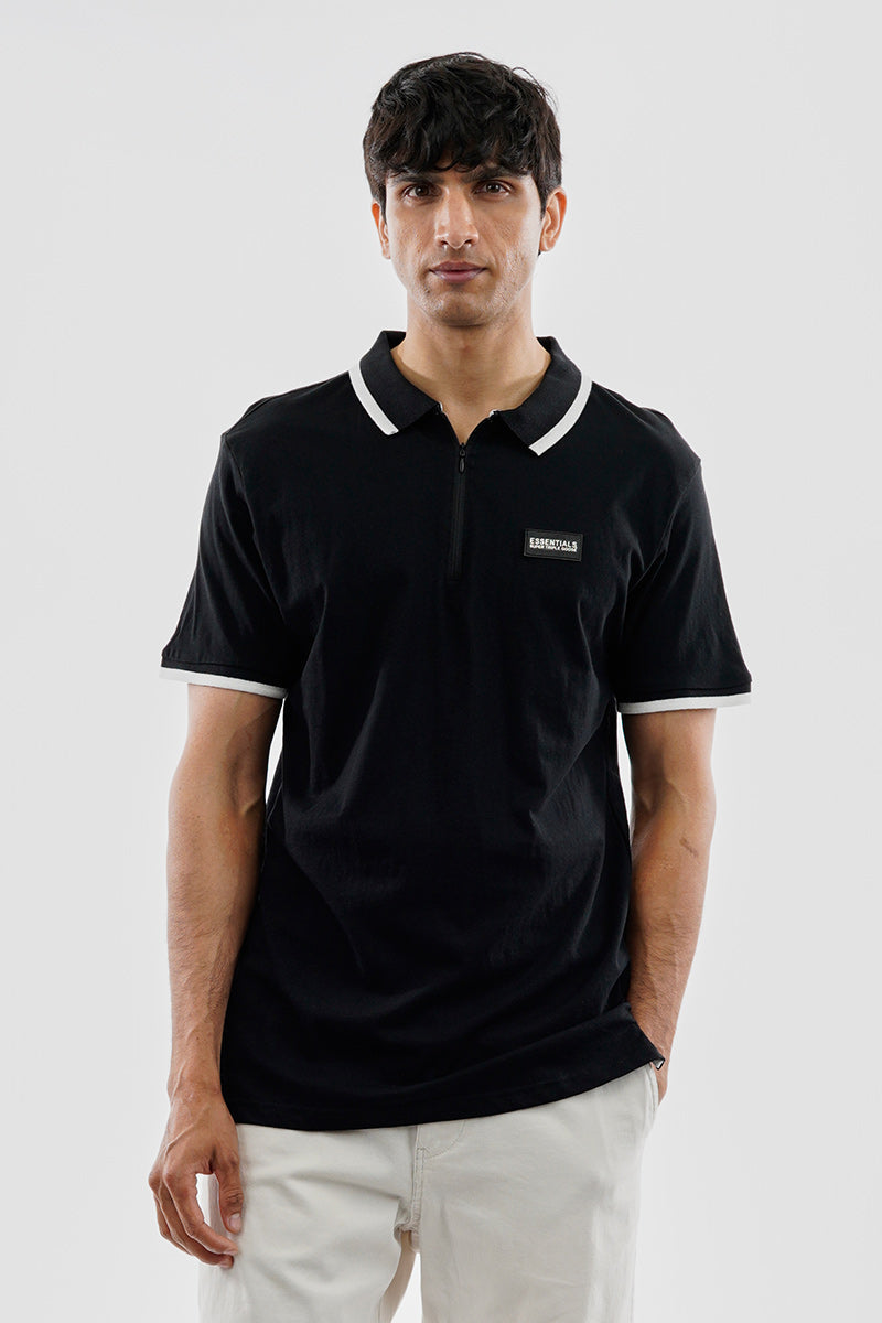 Essentials Super Triple Goose 1/4 Zip Stripe Polo Shirt - Black - Mens Polo Shirts - Canada Weather Gear