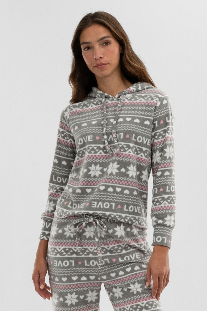 Canada Weather Gear Festive Print Hooded Pajama Top - Grey - Womens Pajamas - Canada Weather Gear