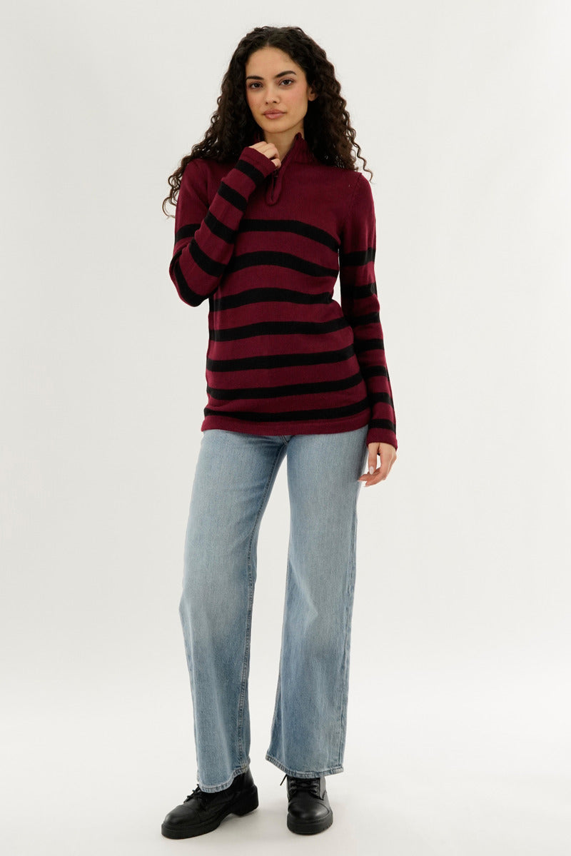 Canada Weather Gear Striped Half Zip Pullover Sweater - Burgundy - Womens Pullover Sweaters - Canada Weather Gear