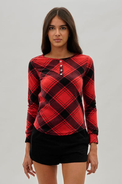 Canada Weather Gear Tartan Plaid Henley Pajama Top - Red - Womens Pajamas - Fairweather