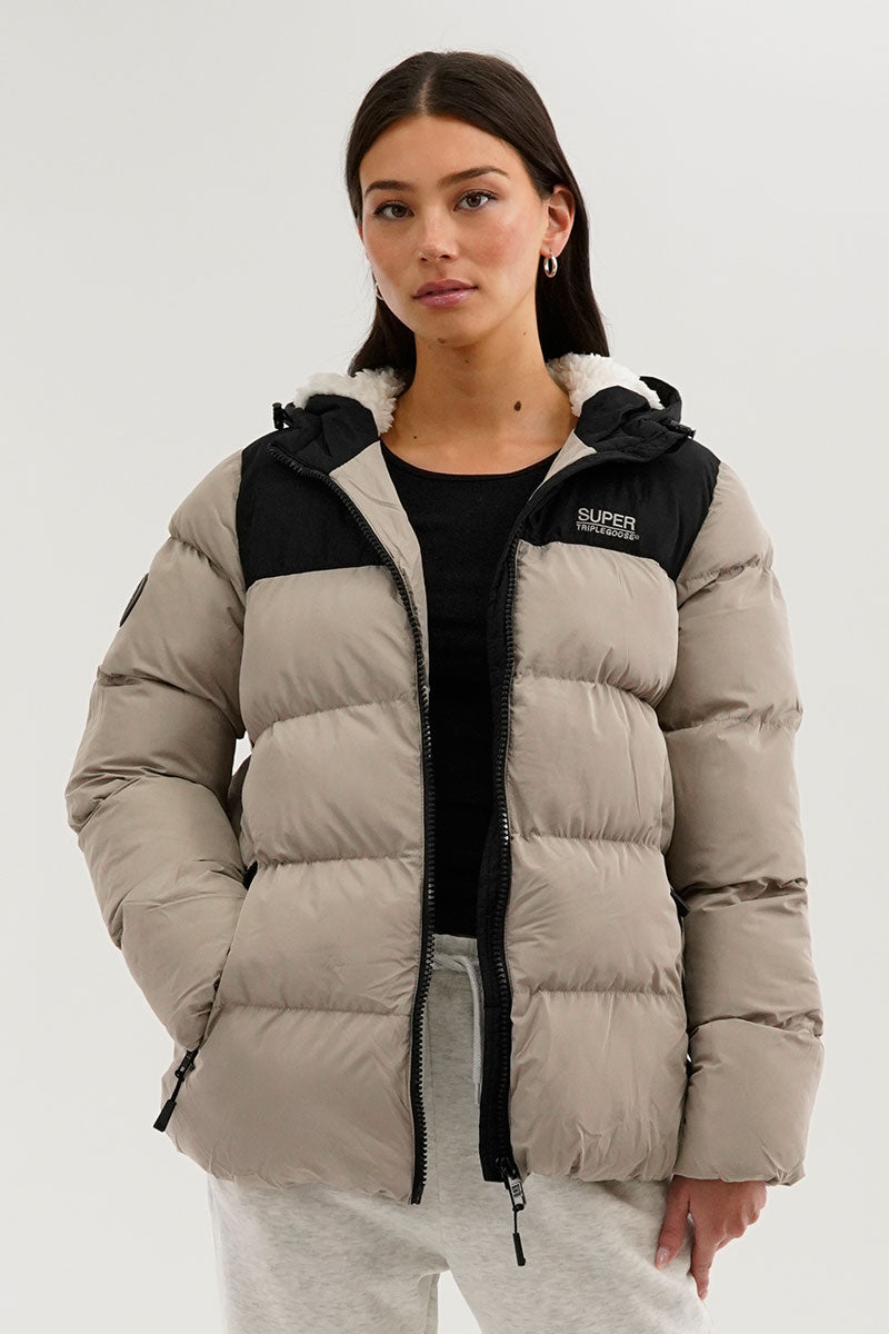 Super Triple Goose Colour Block Bomber Jacket - Beige - Womens Bomber Jackets - Canada Weather Gear
