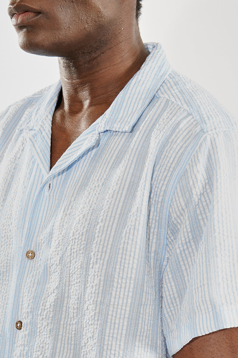 Canada Weather Gear Vintage Striped Button Up Camp Collar Casual Shirt - Blue - Mens Casual Shirts - Canada Weather Gear