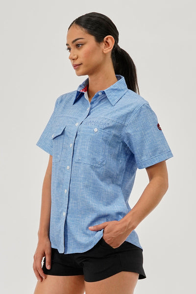 Canada Weather Gear Short Sleeve Button Up Utility Shirt - Blue - Womens Shirts & Blouses - Canada Weather Gear
