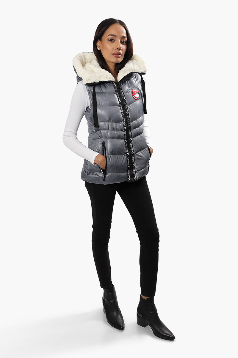 Canada Weather Gear Patterned Sherpa Hood Puffer Vest - Grey - Womens Vests - Canada Weather Gear
