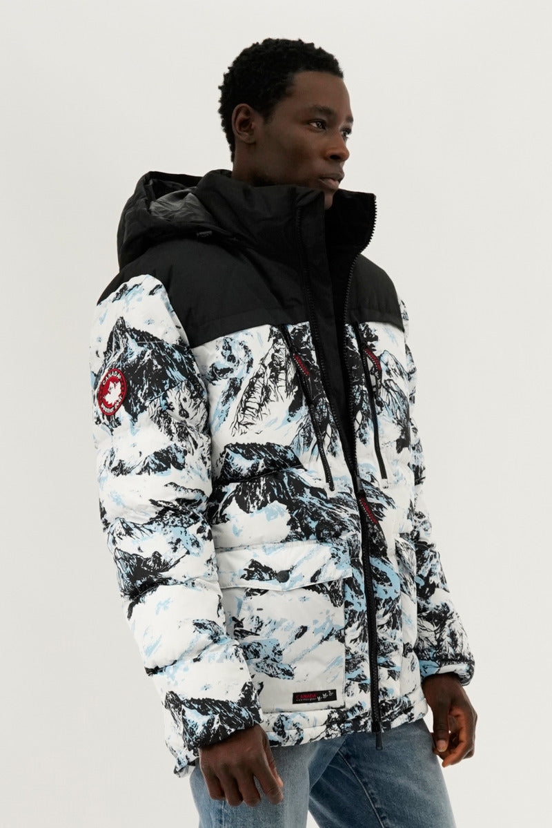 Canada Weather Gear Mountain Print Puffer Bomber Jacket - White - Mens Bomber Jackets - Canada Weather Gear